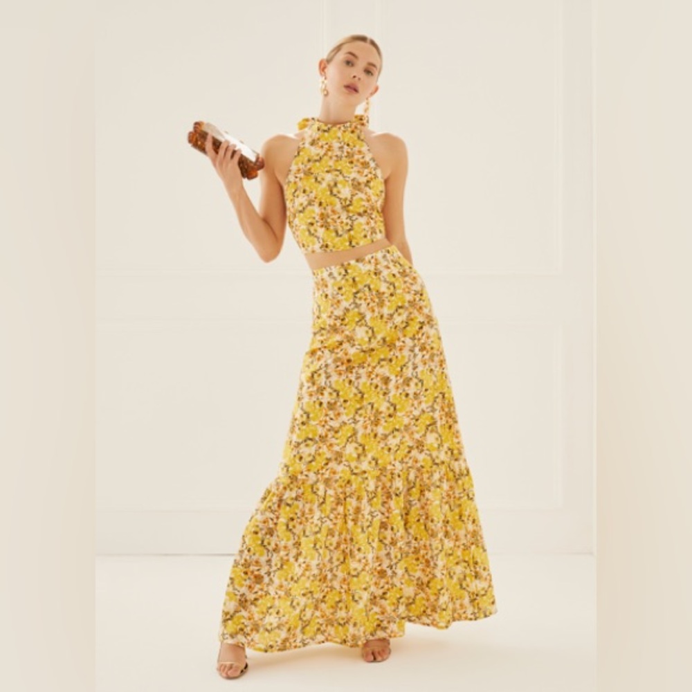 NWT Something Navy Floral Maxi Skirt & Halter top set Cream Yellow Multi